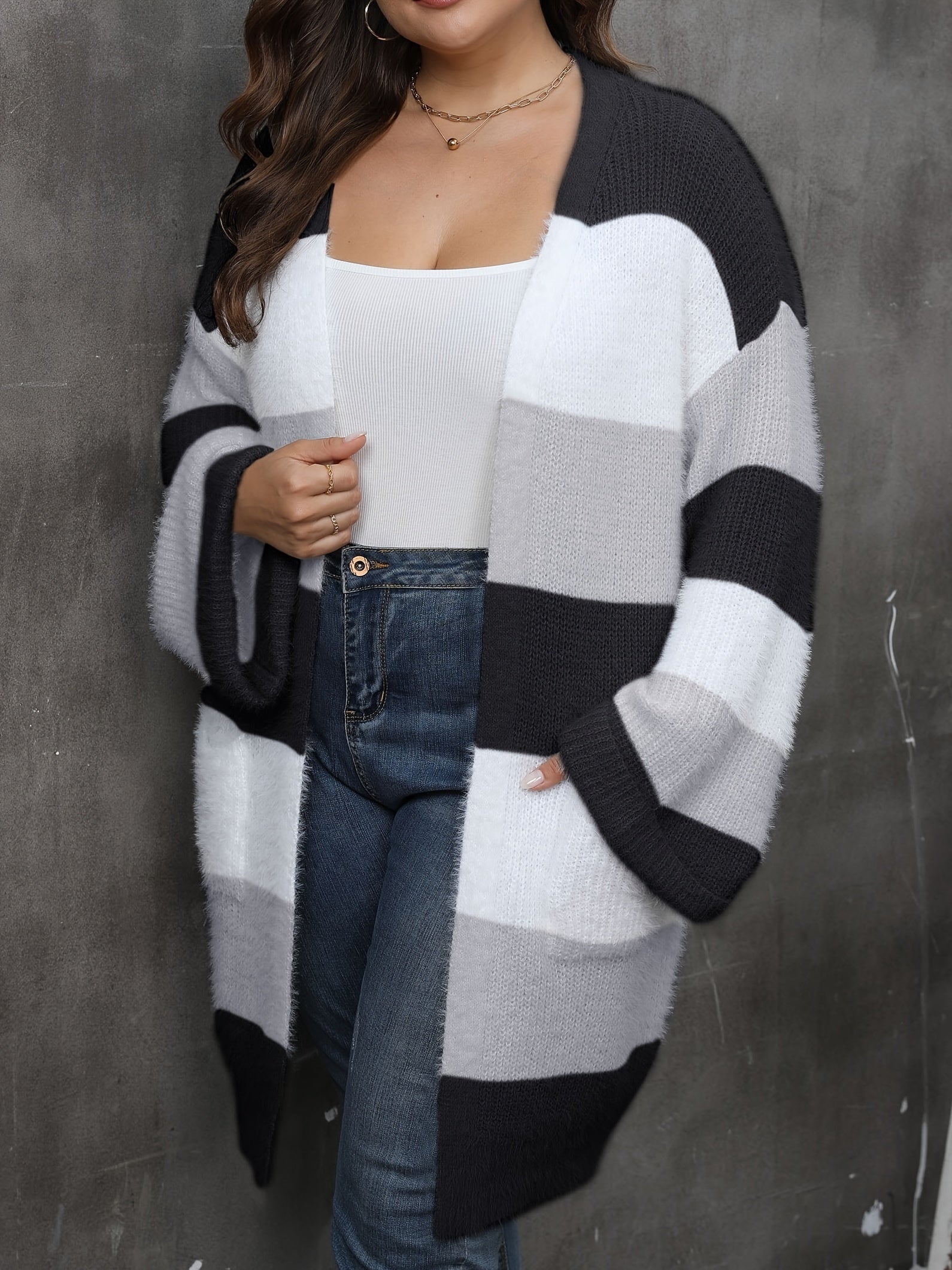  Colorblock Eyelash Long Sleeve Cardigan With Pockets