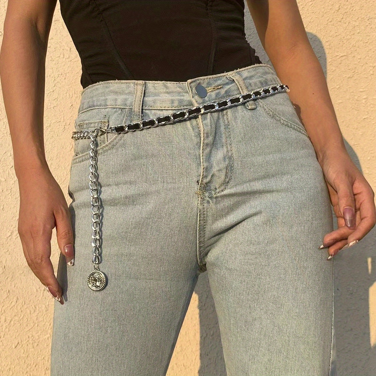 Vintage Metal Waist Chain Braided Chain Belt Coin Pendant Waistband Dress Girdle