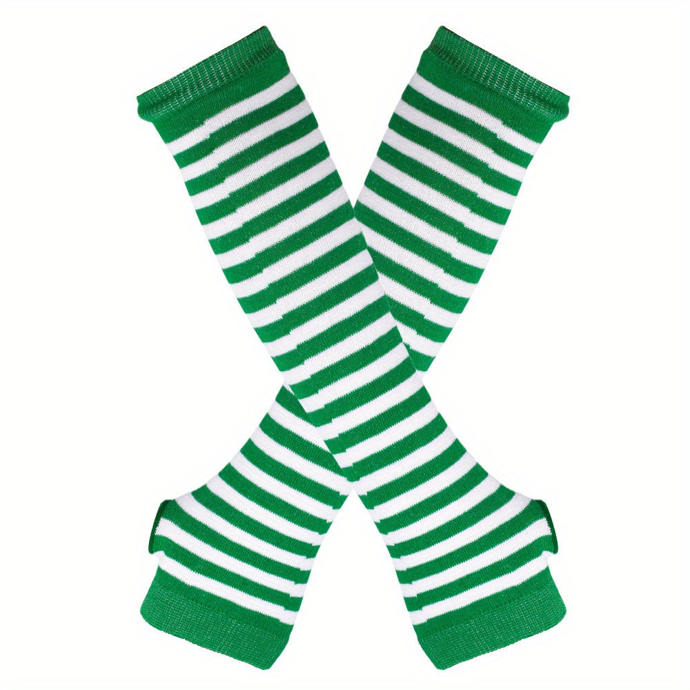 Y2K Green Striped Knitted Gloves Saint Patrick's Fingerless Gloves