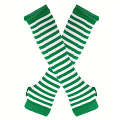 Y2K Green Striped Knitted Gloves Saint Patrick's Fingerless Gloves