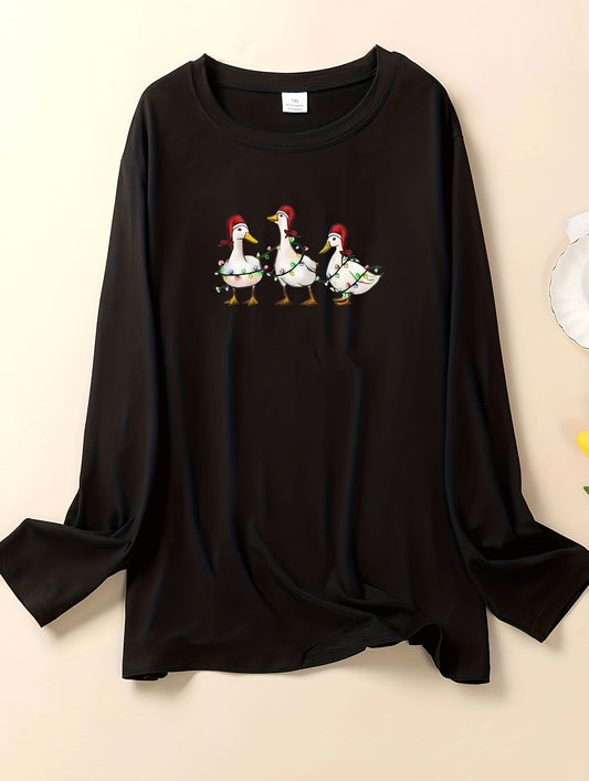 Women's Plus Christmas Lounge Top: Goose & String Lights Print