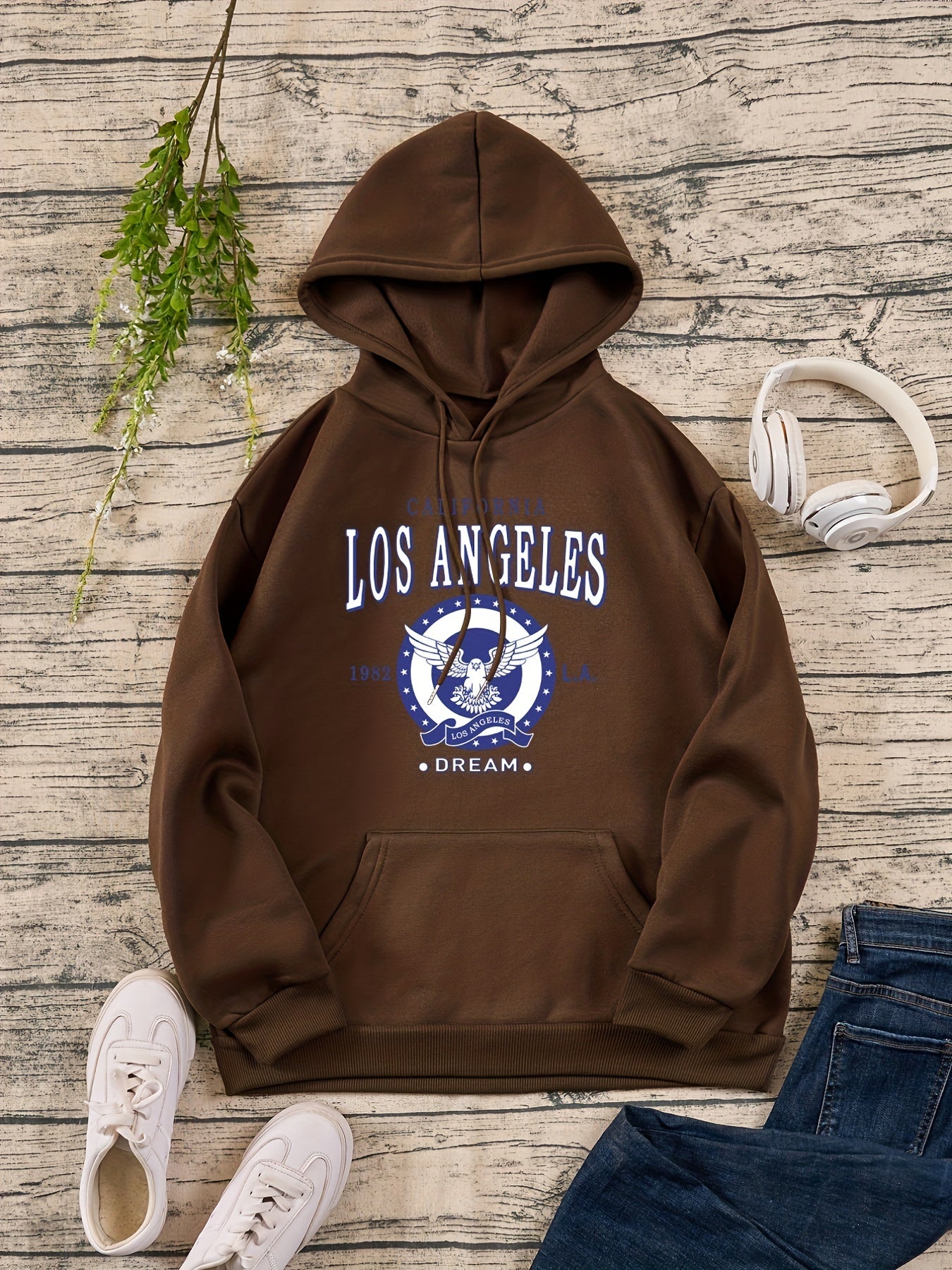 Solid Letter Print Hooded Sweatshirt Women's Clothing