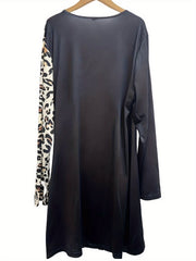  Colorblock Leopard Print Long Sleeve Dress