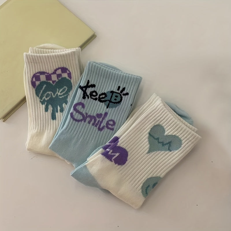 3 Pairs Heart & Letter Print Socks Women's Stockings