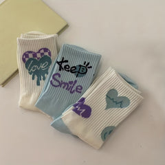 3 Pairs Heart & Letter Print Socks Women's Stockings