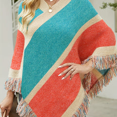  Boho Sweater Cape Sleeve Fringe Trim Shawl Jumper