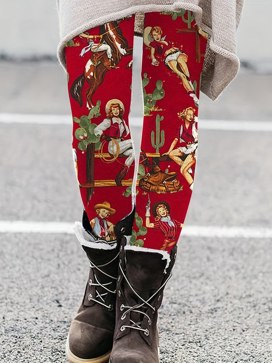 Women's Plus Cartoon Figure Print High Rise Stretchy Skinny Leggings