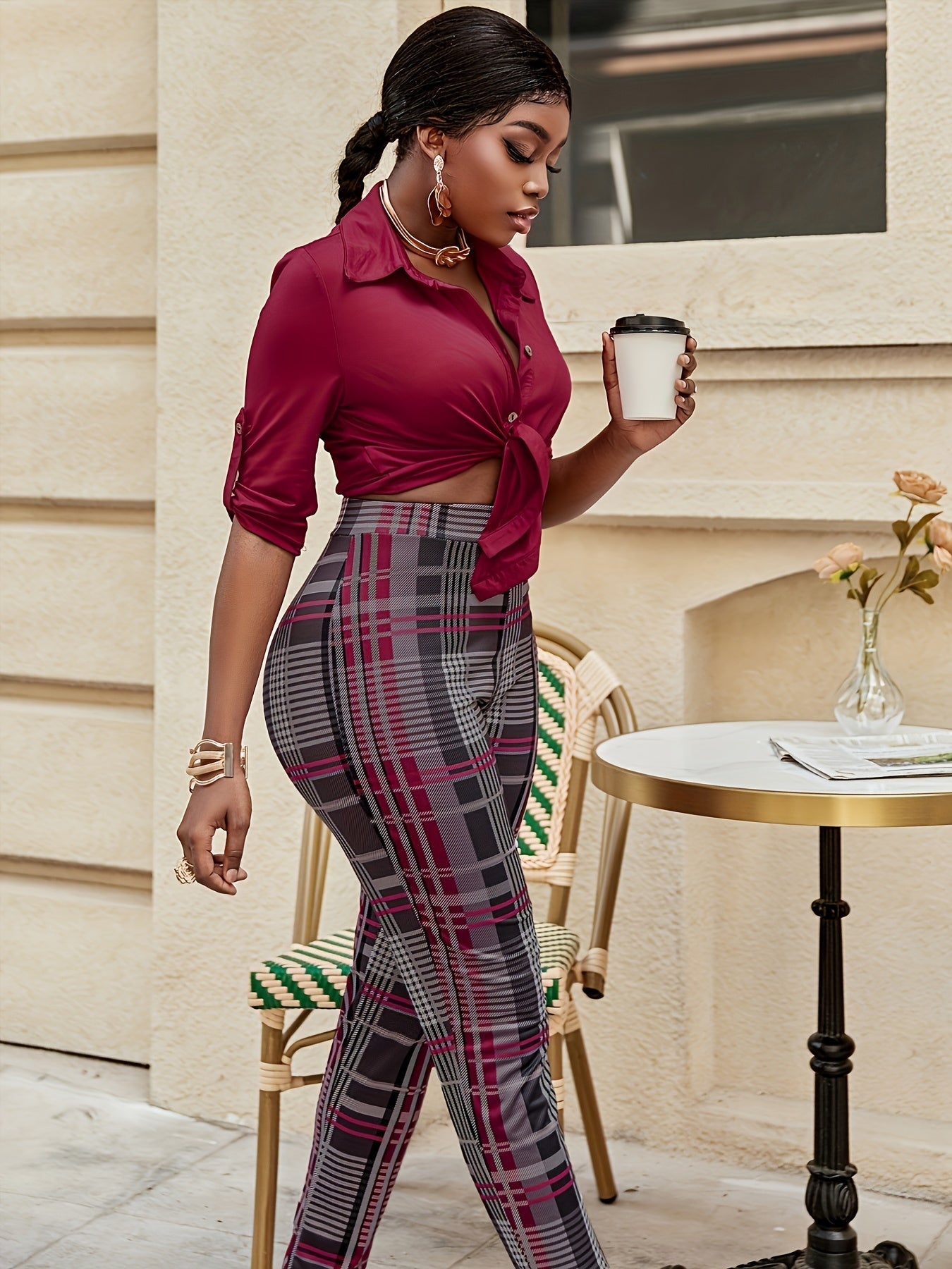 Plaid Print Retro Skinny Suit Pants Women's Casual Trousers