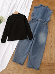 Girl's Denim Jumpsuit & Top Set Button Front Overalls With Belt