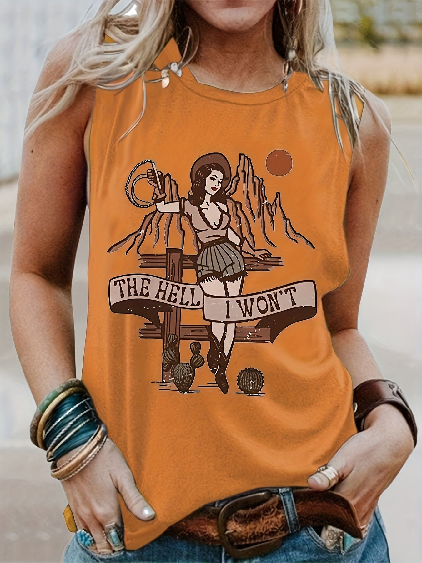  Casual Tank Top Women's Plus Cartoon Figure Print Round Neck Tank