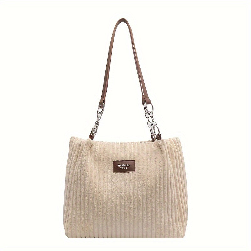 Stylish Corduroy Shoulder Bag for Women Zip Closure Fixed Strap