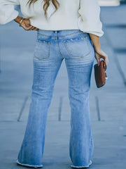  High Rise Button Fly Fringe Trim Washed Flare Jeans