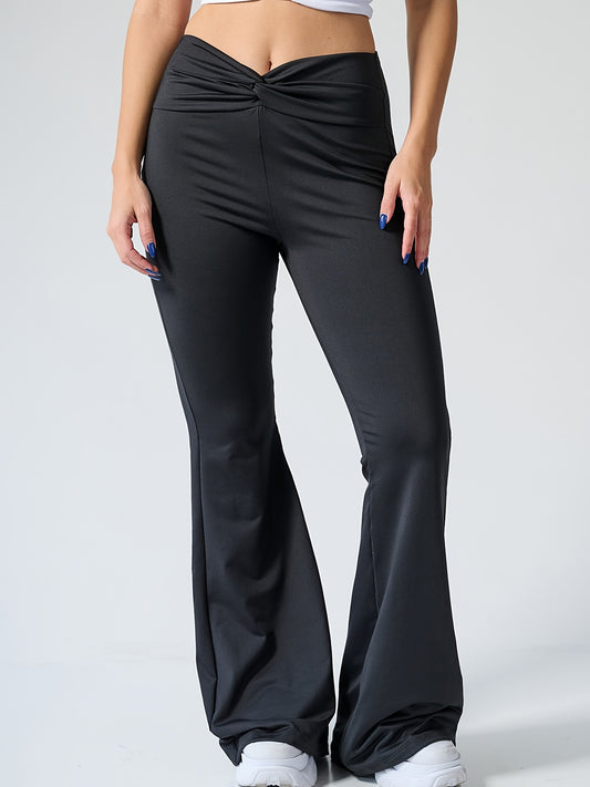Ruched Waist Flare Leg Pants Solid Casual Workout Running Flared Leggings