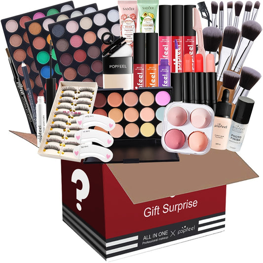 Complete Makeup Box Set Eyeshadow Eyeliner Lipstick Primer Brushes Sponge Puff