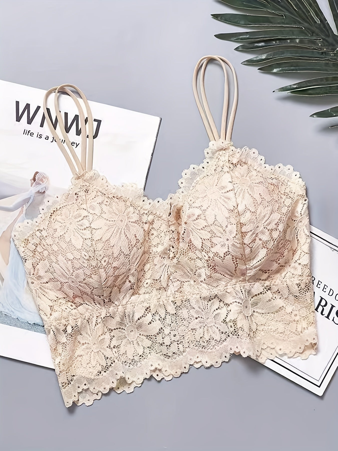 Floral Lace Wireless Bra with Scallop Trim Straps