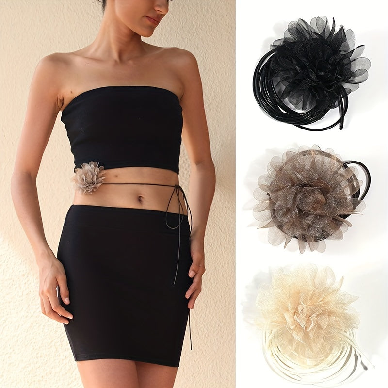 Mesh Flower Sash Belt Lace Up Waist Belt for Women