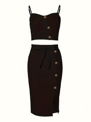 Solid Button Front Two piece Set Sleeveless Top & Split Skirts Outfits