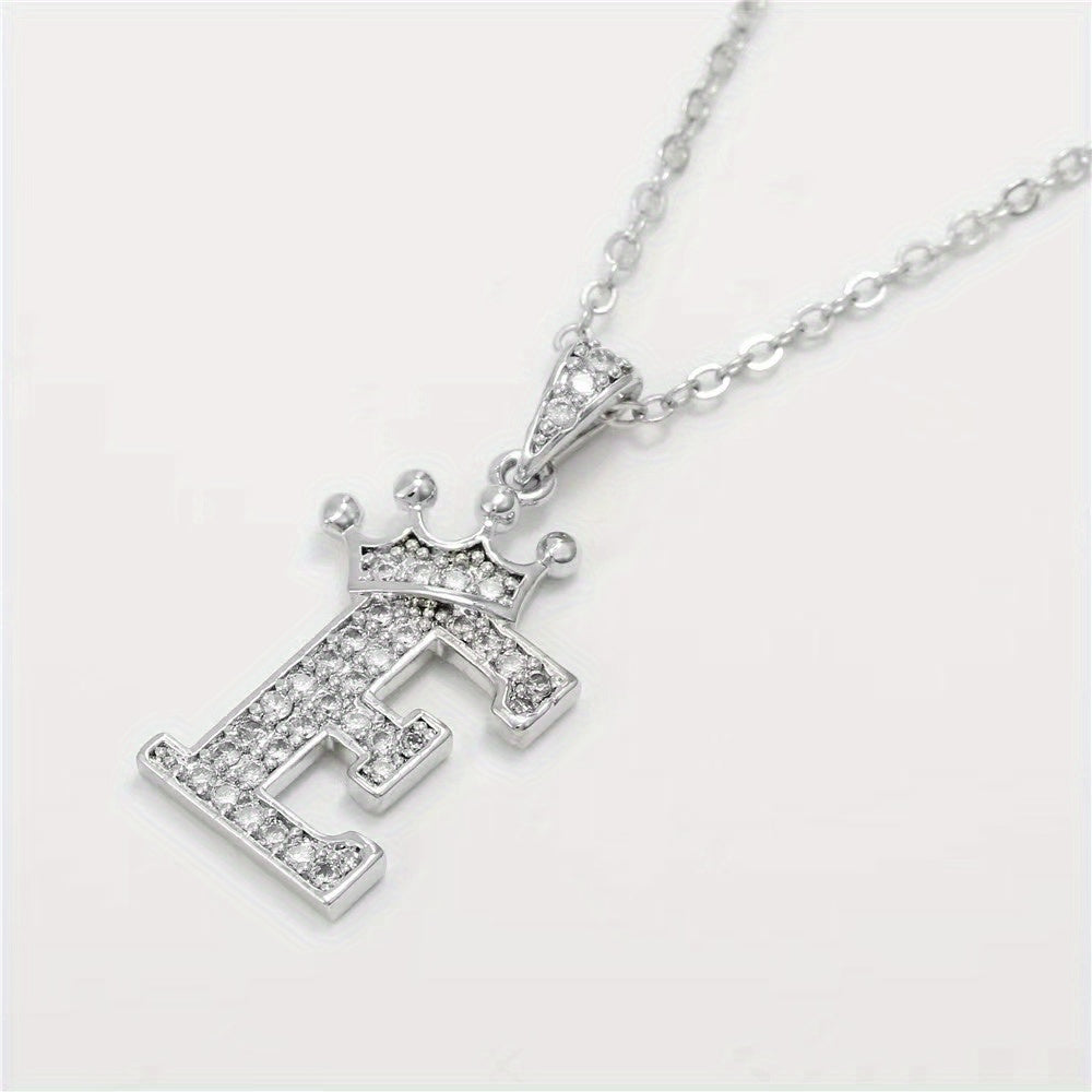 Zircon Crown Letter Necklace Pendant in Golden Plated Copper Chain