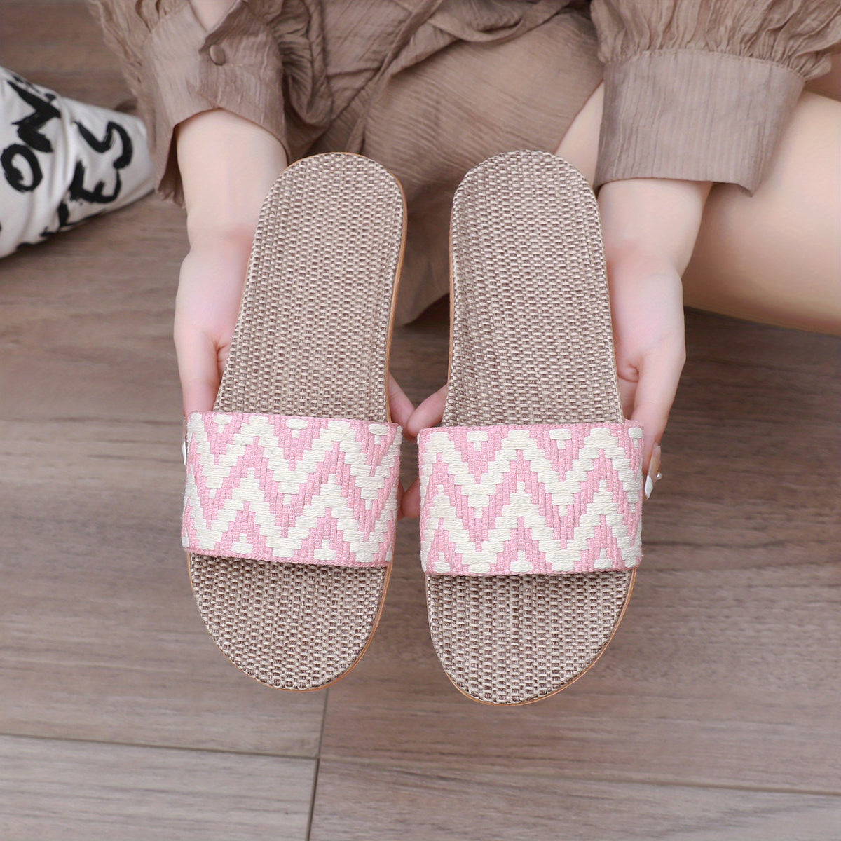 Women's Linen Chevron Pattern Slides Open Toe Slip On Shoes