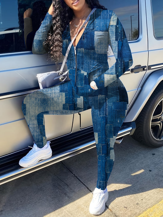  Denim Patchwork Print Jacket & Pants Outfit Set