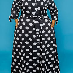  Dot Print Button Up Collar Maxi Dress