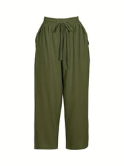  Solid Straight Leg Drawstring Pants With Pockets