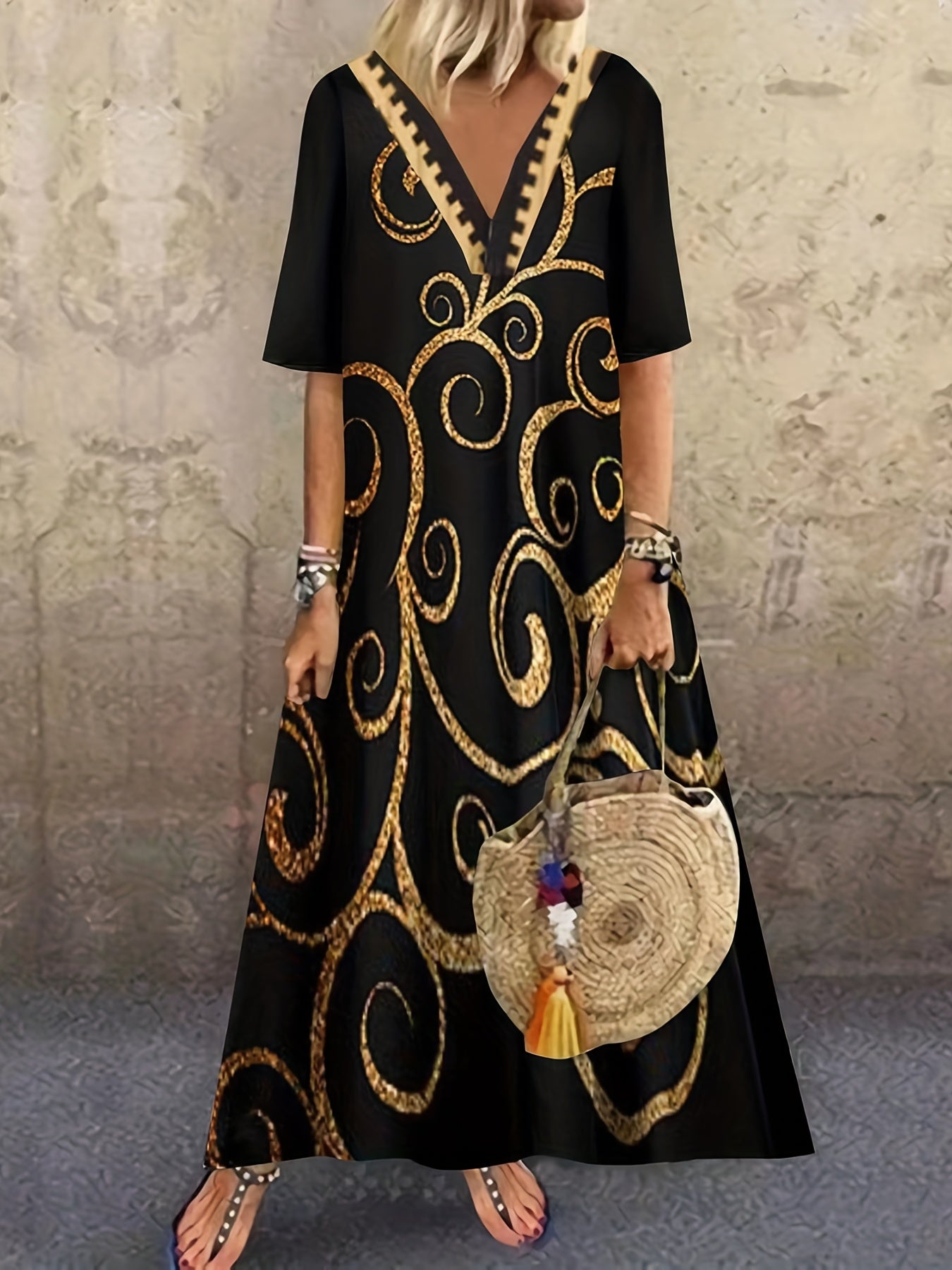  Baroque Print V Neck Maxi Dress