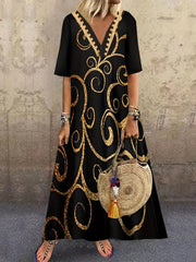  Baroque Print V Neck Maxi Dress