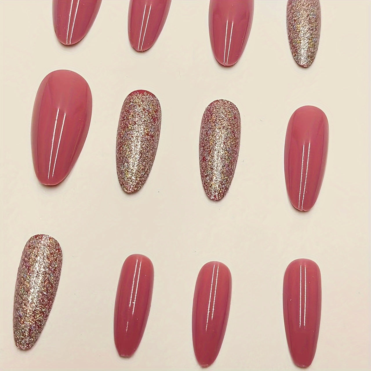 24pcs Pink Glitter Almond Press On Nails Medium Length Finish