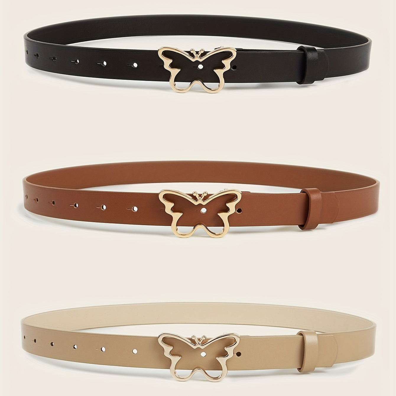 Butterfly Golden Buckle Belt Solid PU Leather Waist Belt for Women