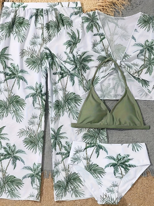 4pcs Coconut Tree Swimsuit Set for Girls - Comfy Bathing Suit