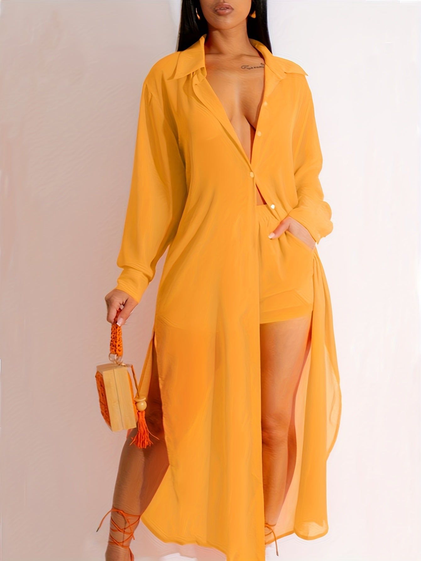  Solid Button Up Polo Neck Blouse & Shorts Set
