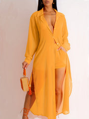  Solid Button Up Polo Neck Blouse & Shorts Set