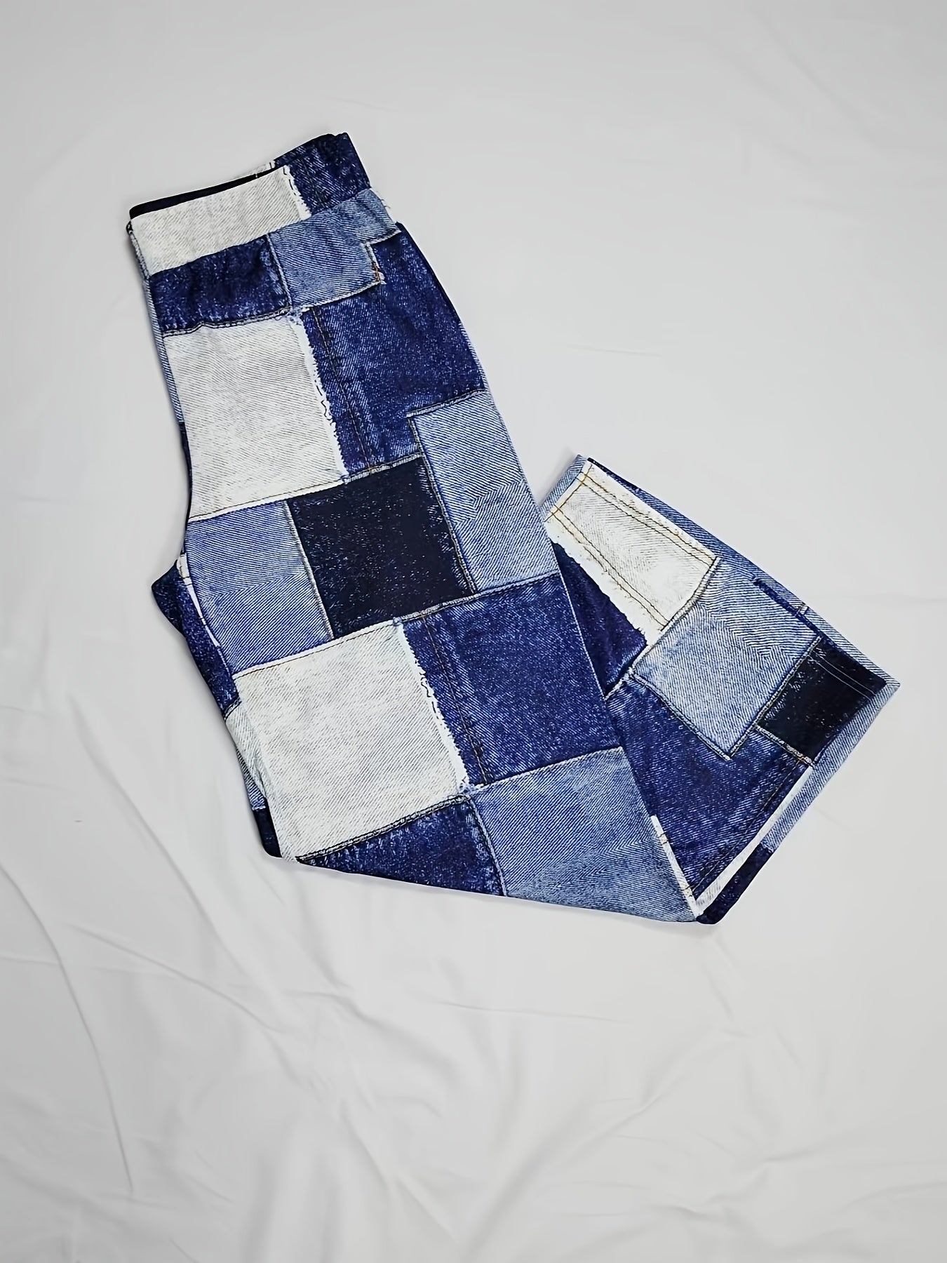  Colorblock Denim Print Flared Leg Trousers
