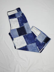  Colorblock Denim Print Flared Leg Trousers