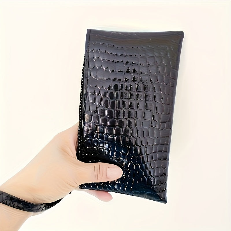 Crocodile Embossed Faux Leather Clutch with Wrist Strap