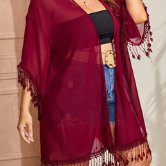 Boho Kimono Women's Plus Solid Short Sleeve Open Front Tassel