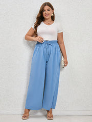  Solid Ruffle Trim Elastic Drawstring Wide Leg Pants