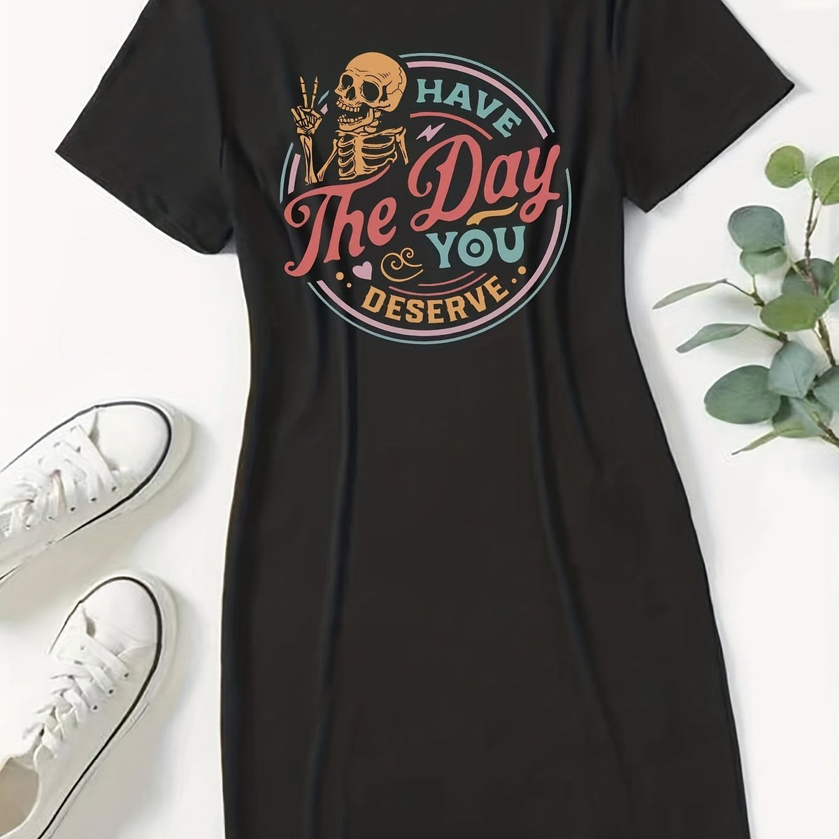 Funny Skull & Letter Print Plus Size Halloween Tee Dress