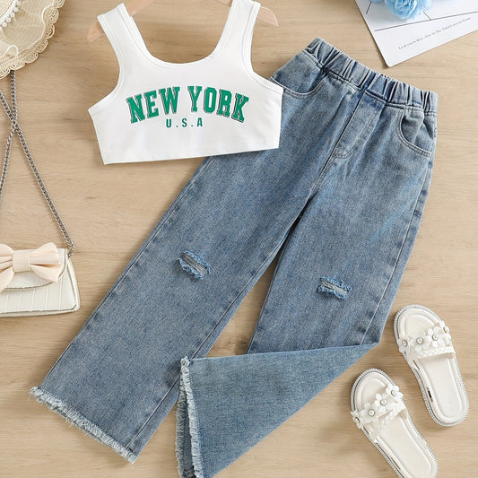 Girls Tank Crop Top & Elastic Waist Jeans 2pcs York Print Casual Kids Clothes