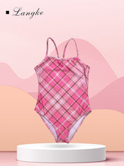 Girl's Plaid One piece Swimsuit & Cap Set Preppy Style Tankini Kids Clothes