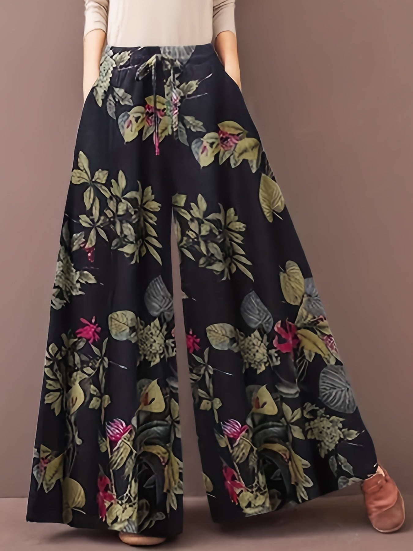  Floral Print Wide Leg Drawstring Pants With Pockets