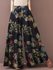  Floral Print Wide Leg Drawstring Pants With Pockets