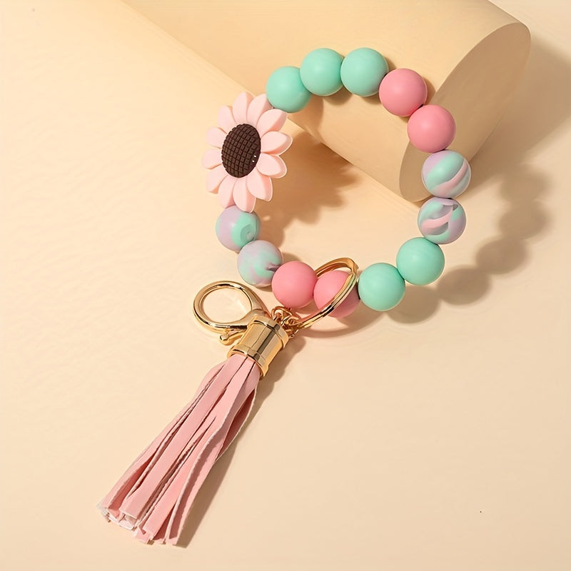 Sun Flower Silicone Bead Keychain Tassel Pendant