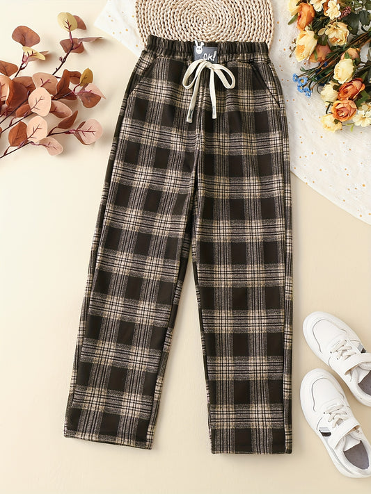 Girls' Fleece Plaid Drawstring Pants For Outwear Kids