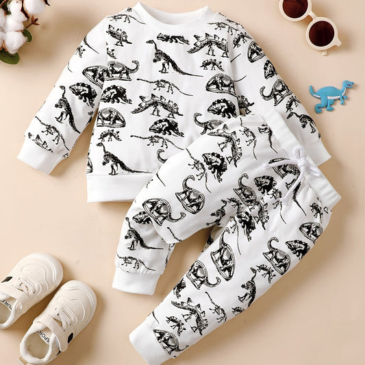 2pcs Toddler Boys Dino Print Crew Neck Sweatshirt & Pants Set