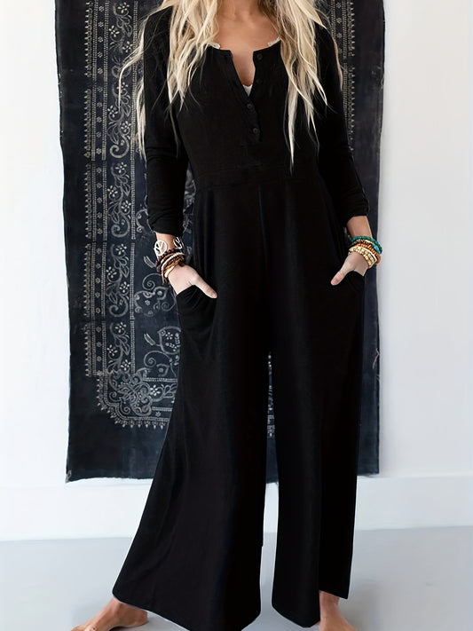  Button Up Long Sleeve Round Neck Wide Leg Jumpsuit