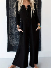  Button Up Long Sleeve Round Neck Wide Leg Jumpsuit