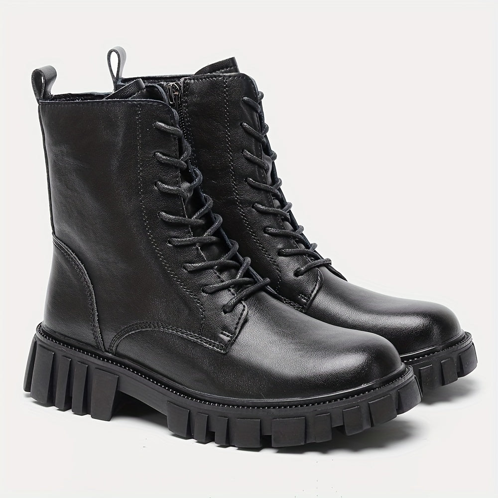 Women's Combat Boots Lace Up Chunky Heel Leather Side Zipper Boots