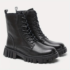 Women's Combat Boots Lace Up Chunky Heel Leather Side Zipper Boots